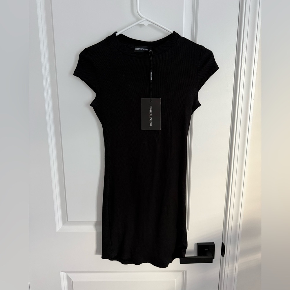 PLT Black Ribbed Short Sleeve Mini Dress